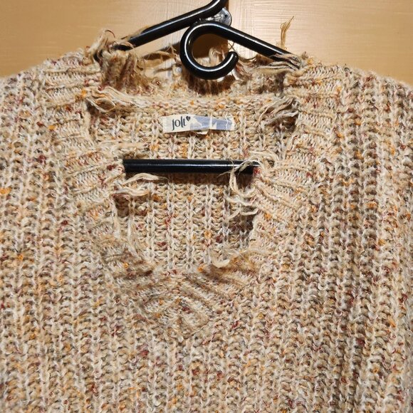 Jolt Women's Size Small Distressed Beige Speckled Knit Cropped Sweater V Neck - Picture 11 of 11